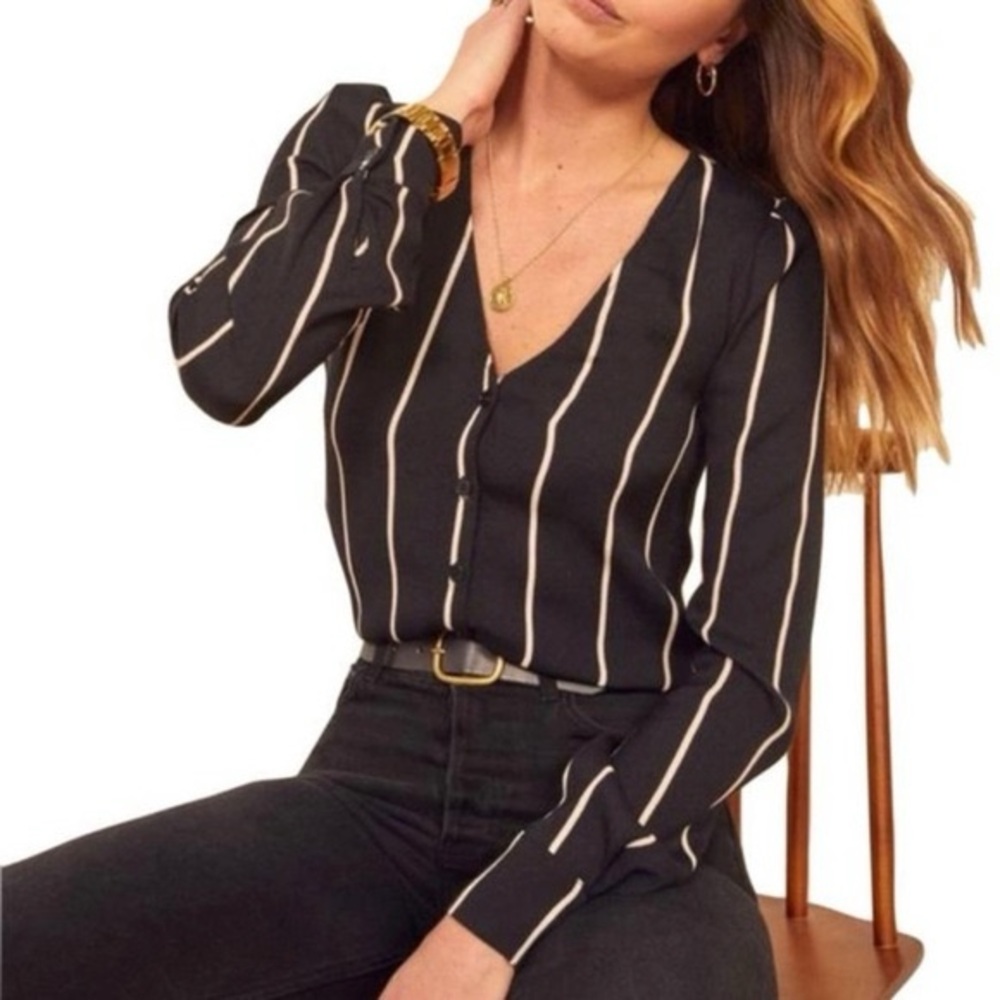 Reformation Annalise Top Sinatra Stripe Black/Cream button down blouse Small